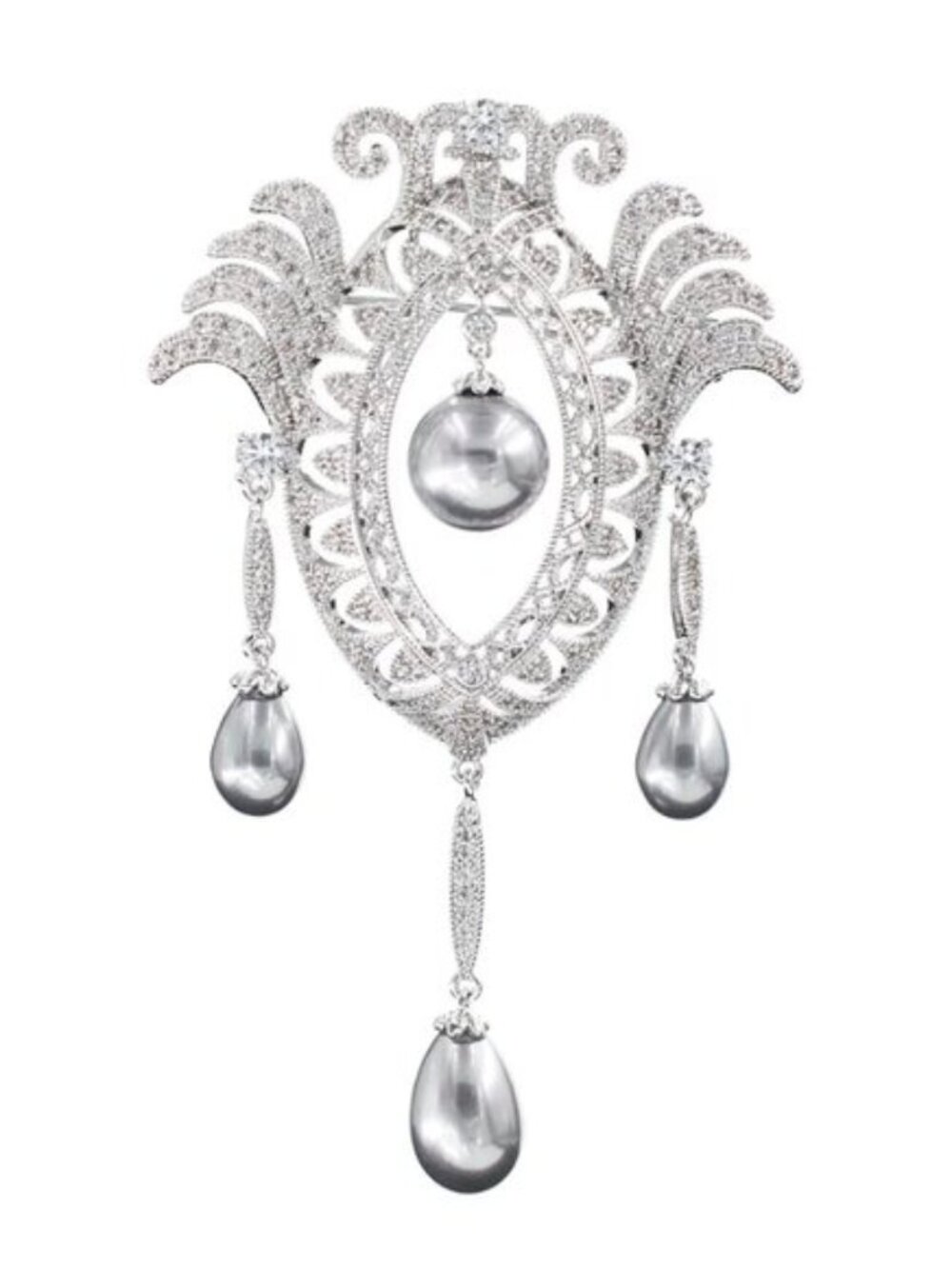 Cubic Zirconia Pearl Classic Dangle Brooch